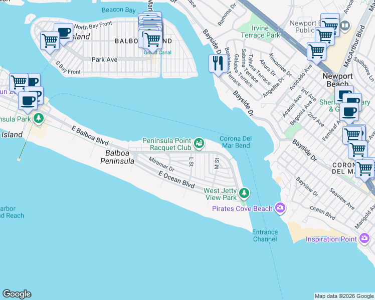 map of restaurants, bars, coffee shops, grocery stores, and more near 500 K Street in Newport Beach