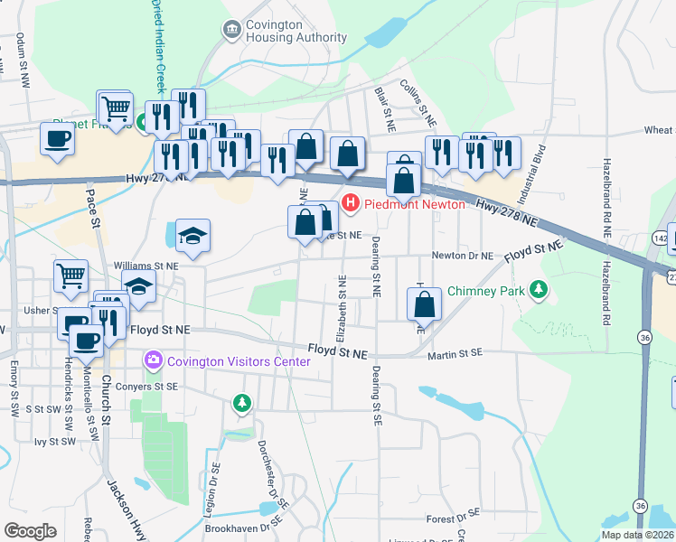 map of restaurants, bars, coffee shops, grocery stores, and more near 4201 Elizabeth Street Northeast in Covington
