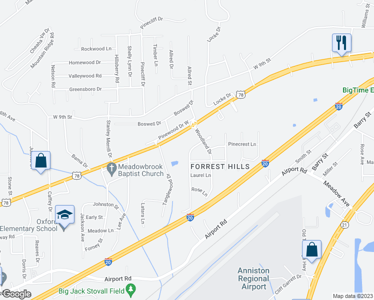 map of restaurants, bars, coffee shops, grocery stores, and more near 1316 Dogwood Drive in Oxford