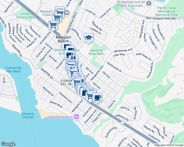 map of restaurants, bars, coffee shops, grocery stores, and more near 3201 4th Avenue in Newport Beach
