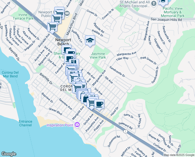 map of restaurants, bars, coffee shops, grocery stores, and more near 703 Marguerite Avenue in Newport Beach