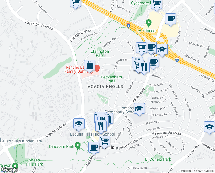 map of restaurants, bars, coffee shops, grocery stores, and more near 24981 Silverleaf Lane in Laguna Hills