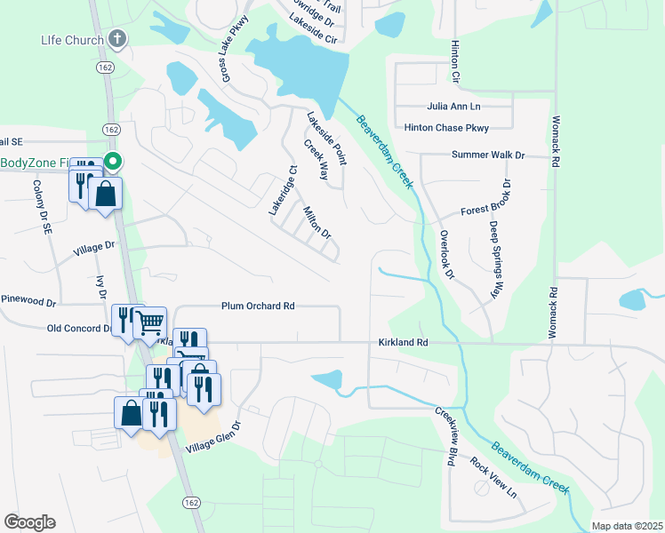 map of restaurants, bars, coffee shops, grocery stores, and more near 620 Lakeridge Court in Covington