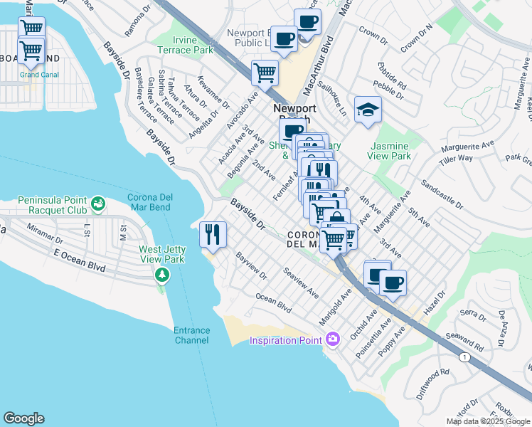 map of restaurants, bars, coffee shops, grocery stores, and more near 404 Fernleaf Avenue in Newport Beach