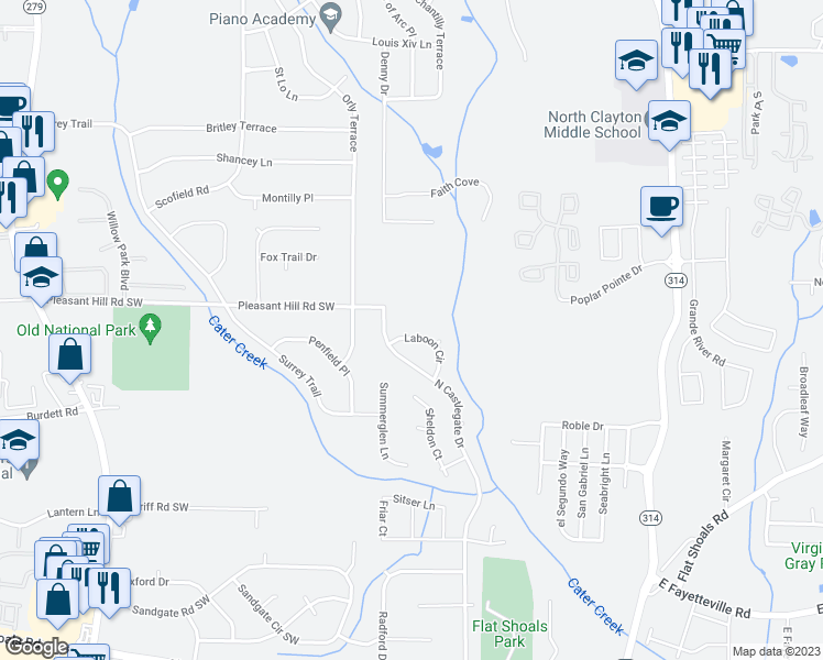 map of restaurants, bars, coffee shops, grocery stores, and more near 2049 Laboon Circle in Atlanta