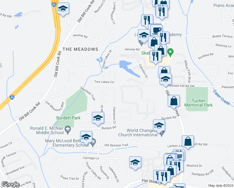 map of restaurants, bars, coffee shops, grocery stores, and more near 5570 Hampton Court in Atlanta
