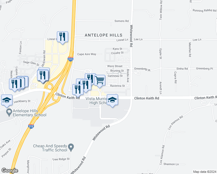 map of restaurants, bars, coffee shops, grocery stores, and more near 28269 Socorro Street in Murrieta
