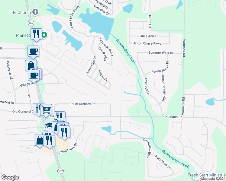 map of restaurants, bars, coffee shops, grocery stores, and more near 665 Lakeridge Court in Covington