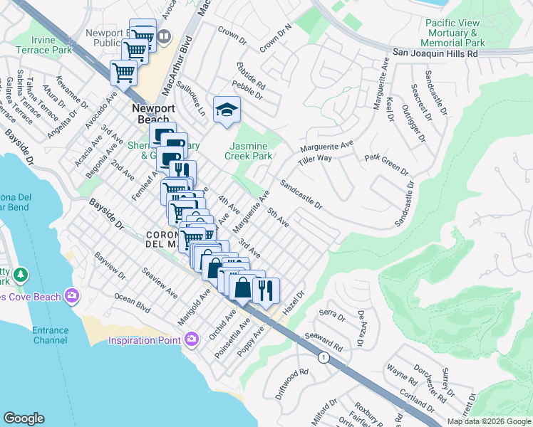 map of restaurants, bars, coffee shops, grocery stores, and more near 719 Marigold Avenue in Newport Beach