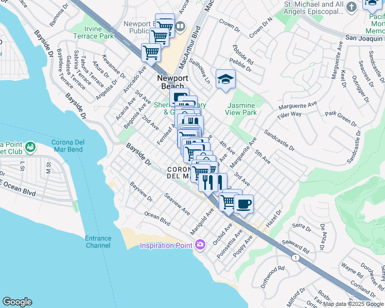 map of restaurants, bars, coffee shops, grocery stores, and more near in Newport Beach