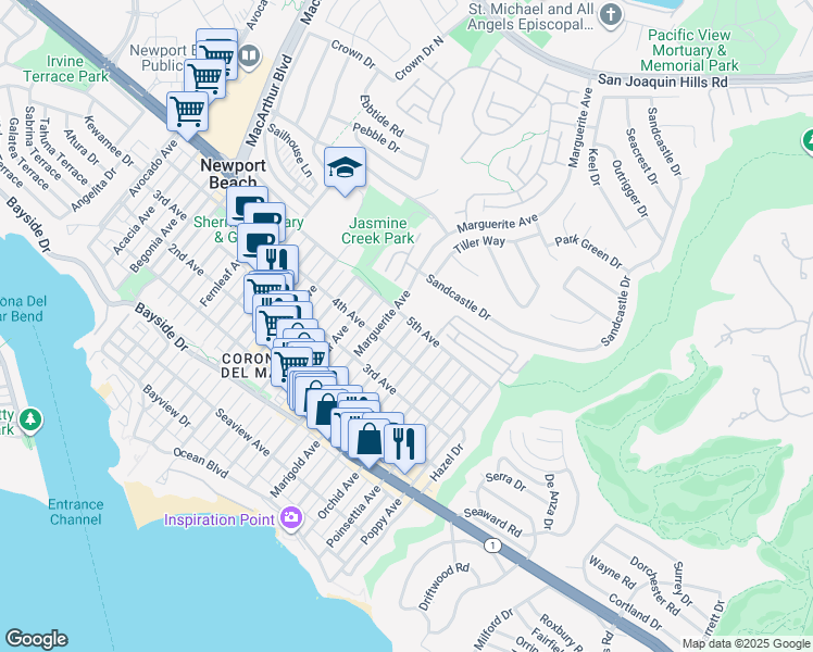 map of restaurants, bars, coffee shops, grocery stores, and more near 704 1/2 Marigold Avenue in Newport Beach
