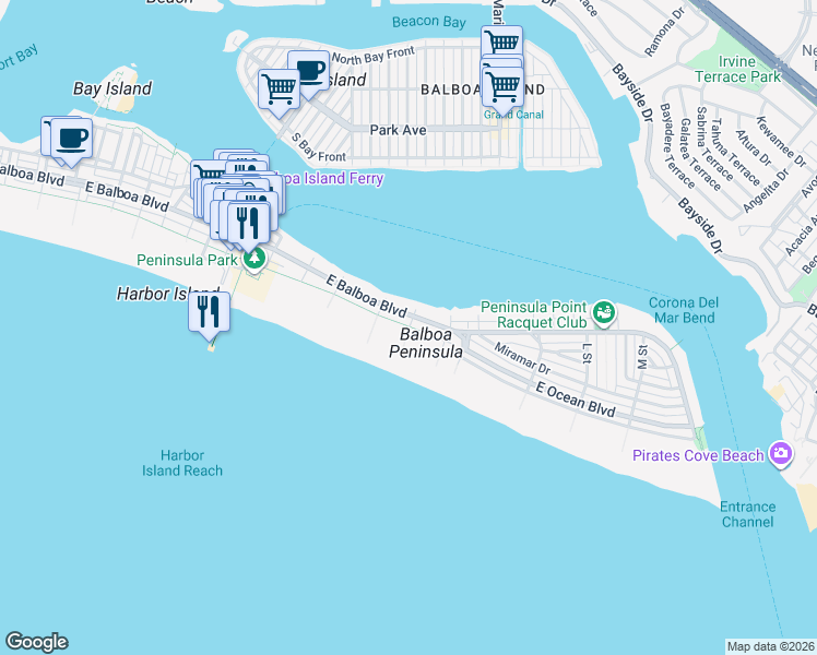 map of restaurants, bars, coffee shops, grocery stores, and more near 1398 Newport Balboa Bike Trail in Newport Beach