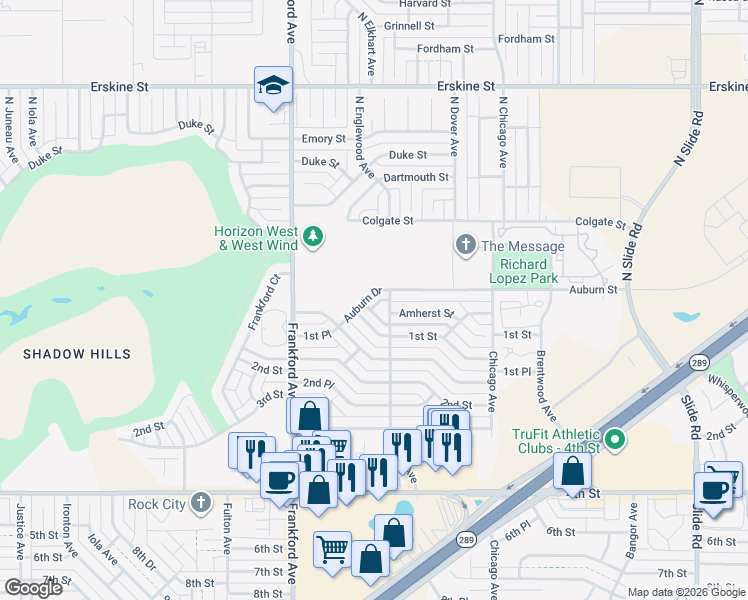 map of restaurants, bars, coffee shops, grocery stores, and more near 5715 1st Street in Lubbock