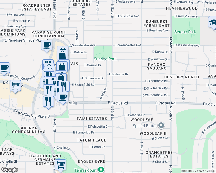 map of restaurants, bars, coffee shops, grocery stores, and more near 5116 East Wethersfield Road in Scottsdale