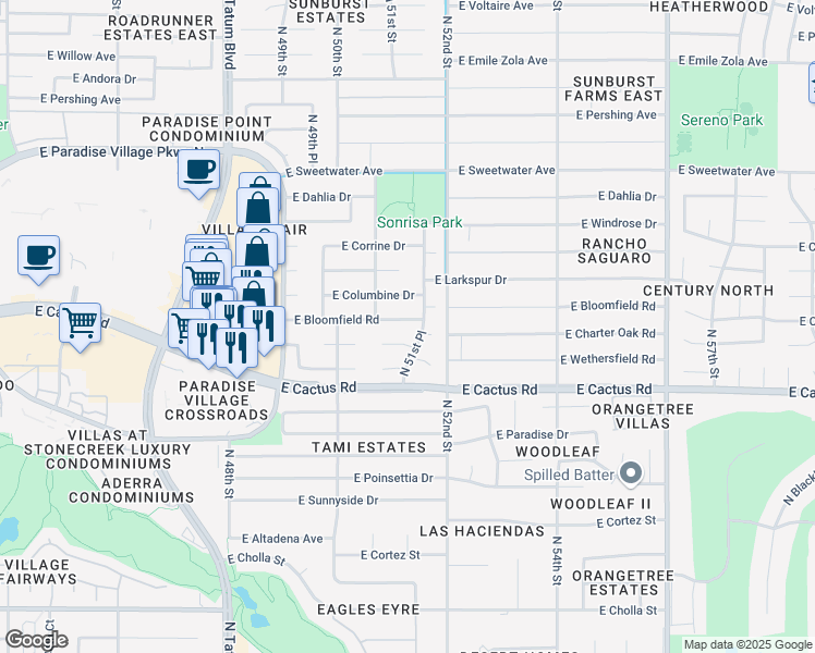 map of restaurants, bars, coffee shops, grocery stores, and more near 5116 East Wethersfield Road in Scottsdale