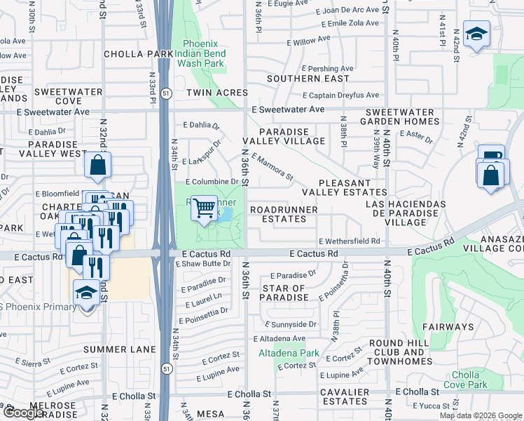 map of restaurants, bars, coffee shops, grocery stores, and more near 3622 East Wethersfield Road in Phoenix