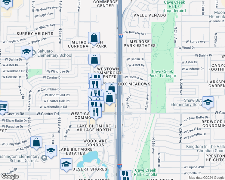 map of restaurants, bars, coffee shops, grocery stores, and more near 12306-12598 North Black Canyon Highway in Phoenix