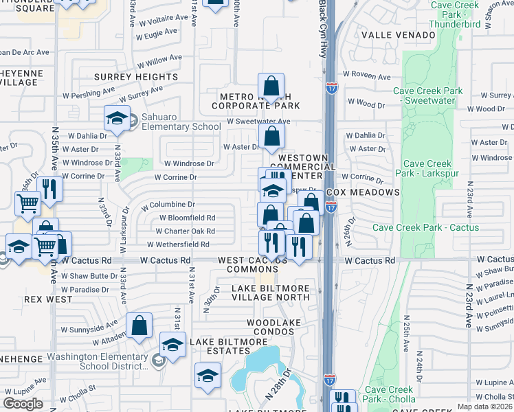 map of restaurants, bars, coffee shops, grocery stores, and more near 2917 West Bloomfield Road in Phoenix