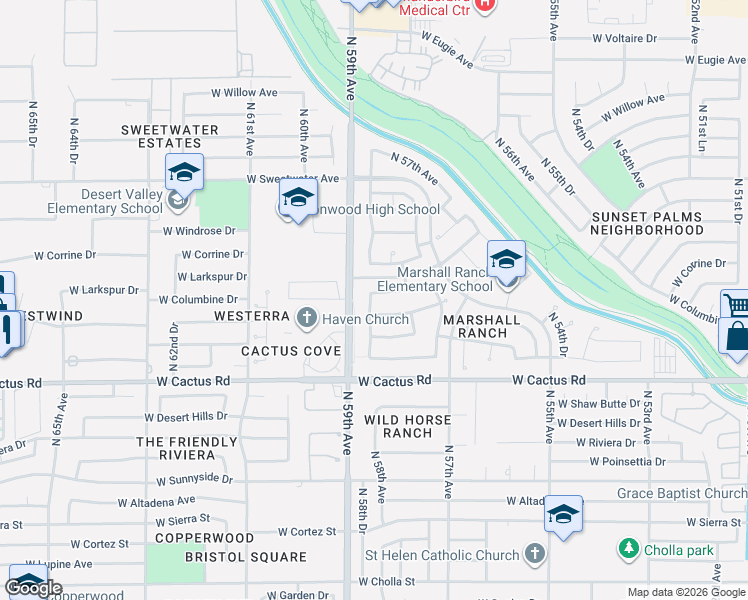 map of restaurants, bars, coffee shops, grocery stores, and more near 5845 West Bloomfield Road in Glendale