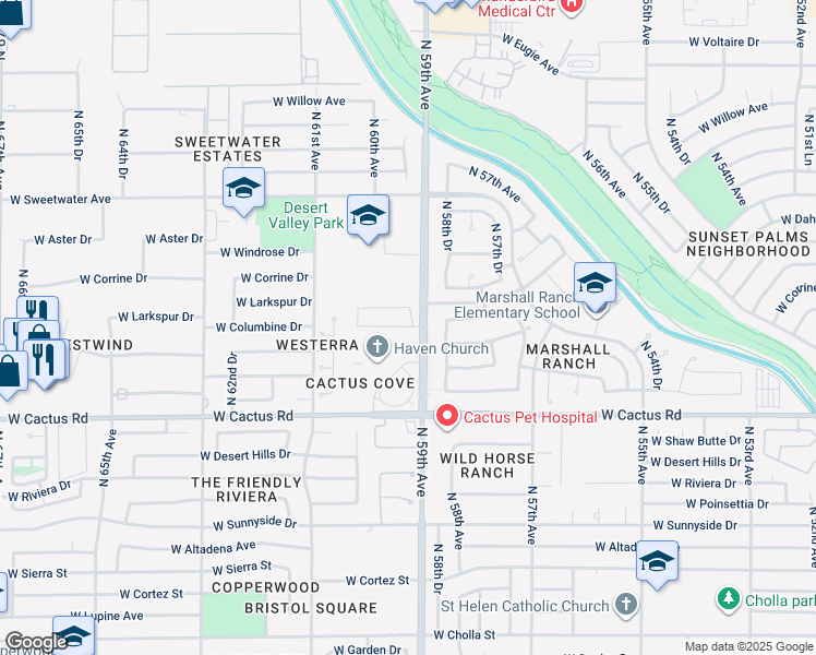 map of restaurants, bars, coffee shops, grocery stores, and more near 5907 West Columbine Drive in Glendale
