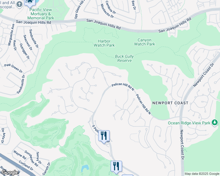 map of restaurants, bars, coffee shops, grocery stores, and more near 21 Pelican Crest Drive in Newport Beach