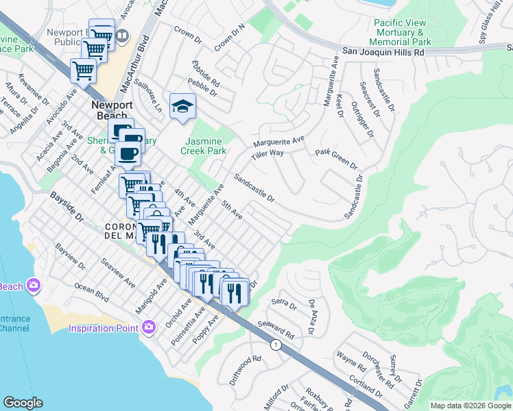 map of restaurants, bars, coffee shops, grocery stores, and more near 3520 5th Avenue in Newport Beach