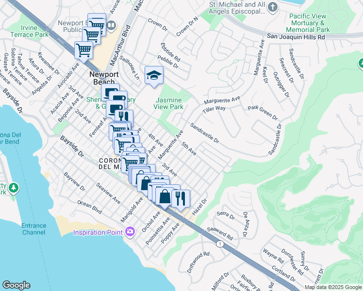 map of restaurants, bars, coffee shops, grocery stores, and more near 704 1/2 Marigold Avenue in Newport Beach