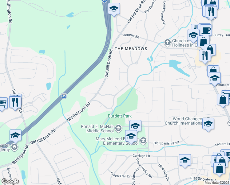 map of restaurants, bars, coffee shops, grocery stores, and more near 2834 The Meadows Way in College Park