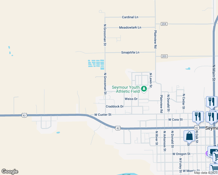 map of restaurants, bars, coffee shops, grocery stores, and more near 1105 Westview Drive in Seymour