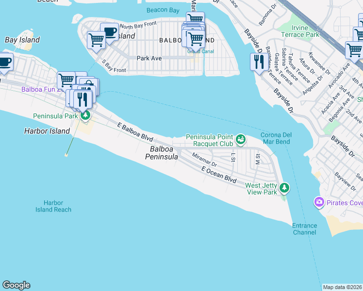 map of restaurants, bars, coffee shops, grocery stores, and more near 1414 East Balboa Boulevard in Newport Beach