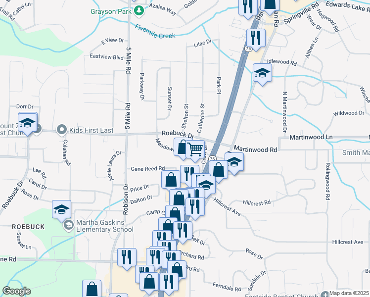 map of restaurants, bars, coffee shops, grocery stores, and more near 725 Meadowbrook Drive in Birmingham