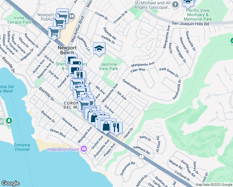 map of restaurants, bars, coffee shops, grocery stores, and more near 719 Marigold Avenue in Newport Beach