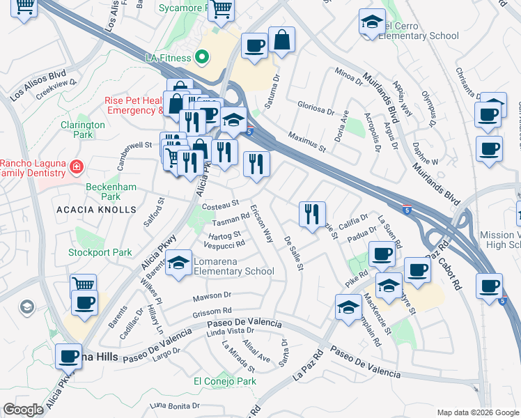 map of restaurants, bars, coffee shops, grocery stores, and more near 25082 Las Bolsas in Laguna Hills