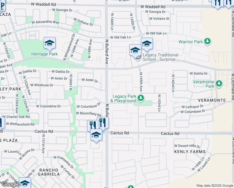 map of restaurants, bars, coffee shops, grocery stores, and more near 14664 West Larkspur Drive in Surprise