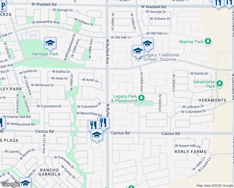 map of restaurants, bars, coffee shops, grocery stores, and more near 14664 West Larkspur Drive in Surprise