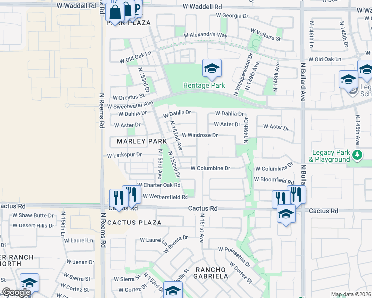 map of restaurants, bars, coffee shops, grocery stores, and more near 12574 North 151st Drive in Surprise