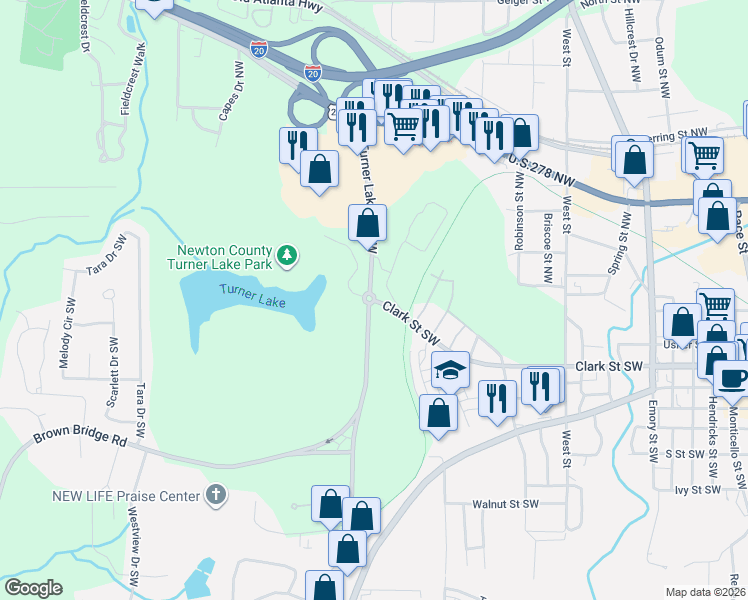 map of restaurants, bars, coffee shops, grocery stores, and more near 6185 Turner Lake Road South in Covington