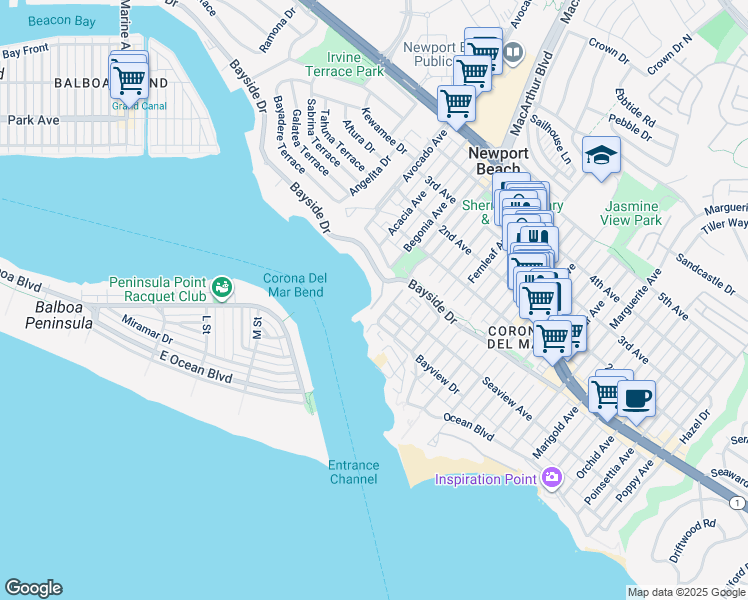 map of restaurants, bars, coffee shops, grocery stores, and more near 107 North Bayside Drive in Newport Beach