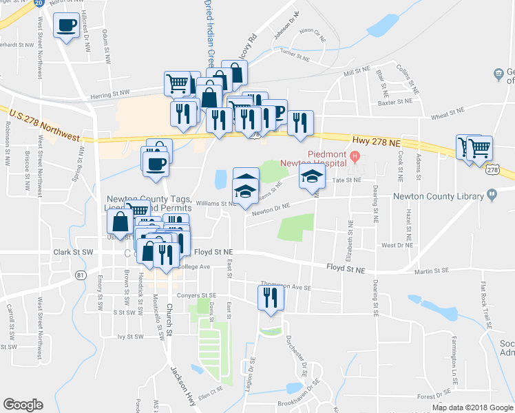 map of restaurants, bars, coffee shops, grocery stores, and more near 2109 Newton Drive Northeast in Covington