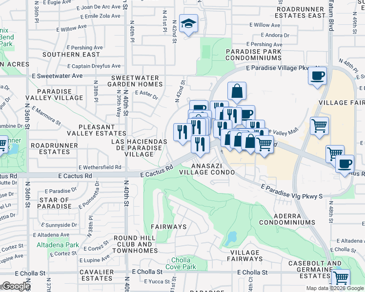 map of restaurants, bars, coffee shops, grocery stores, and more near 4242 East Cactus Road in Phoenix