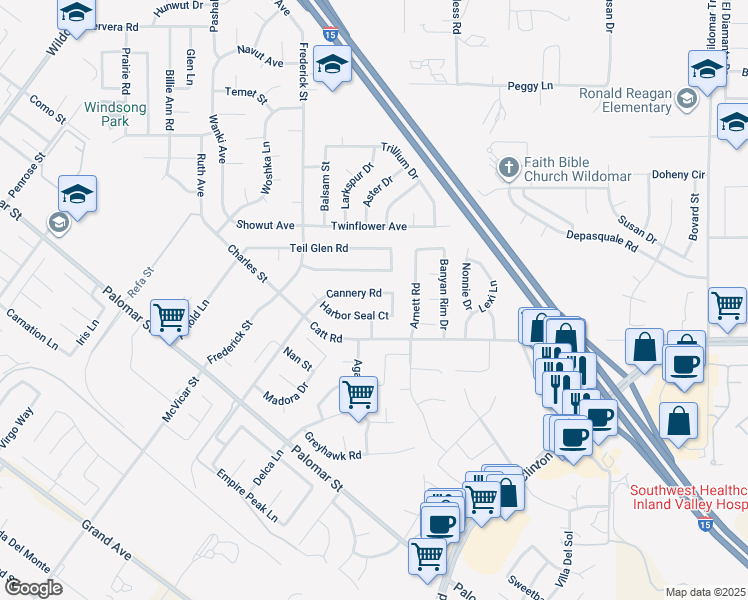 map of restaurants, bars, coffee shops, grocery stores, and more near 23171 Cannery Road in Wildomar