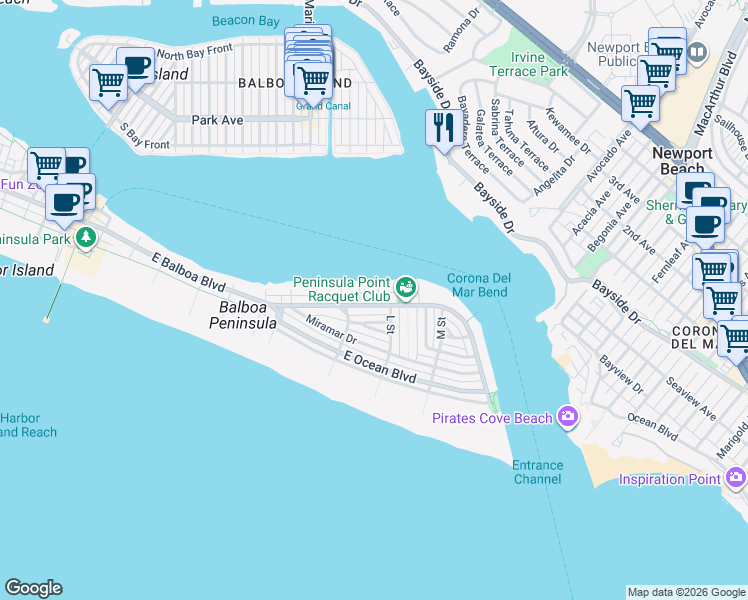 map of restaurants, bars, coffee shops, grocery stores, and more near 503 K Street in Newport Beach