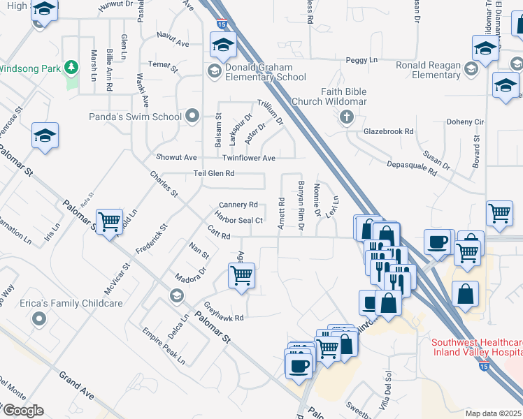 map of restaurants, bars, coffee shops, grocery stores, and more near 23207 Cannery Road in Wildomar