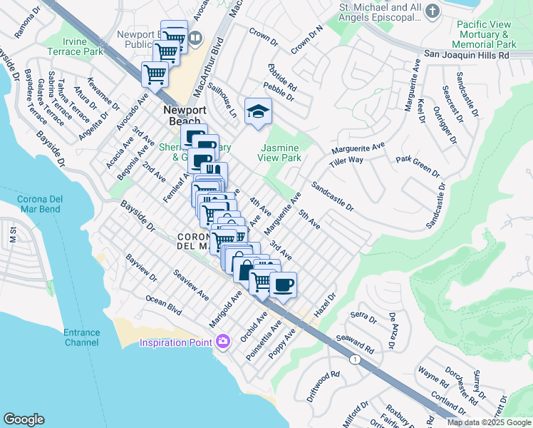 map of restaurants, bars, coffee shops, grocery stores, and more near 3201 4th Avenue in Newport Beach