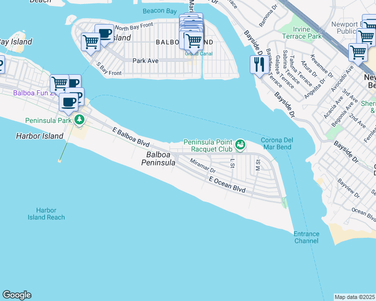 map of restaurants, bars, coffee shops, grocery stores, and more near 1516 Miramar Drive in Newport Beach