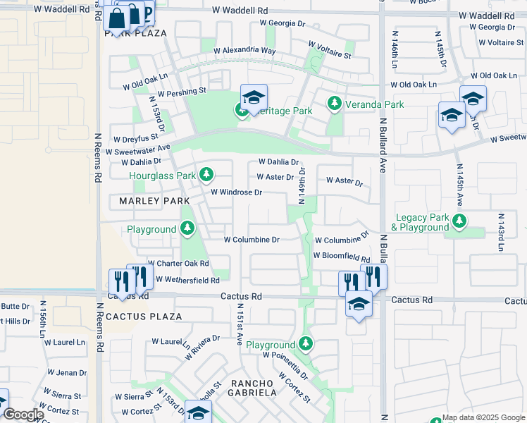 map of restaurants, bars, coffee shops, grocery stores, and more near 12640 North 150th Court in Surprise