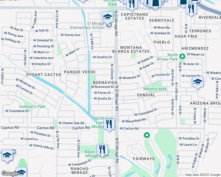map of restaurants, bars, coffee shops, grocery stores, and more near 12325 West Flores Drive in El Mirage