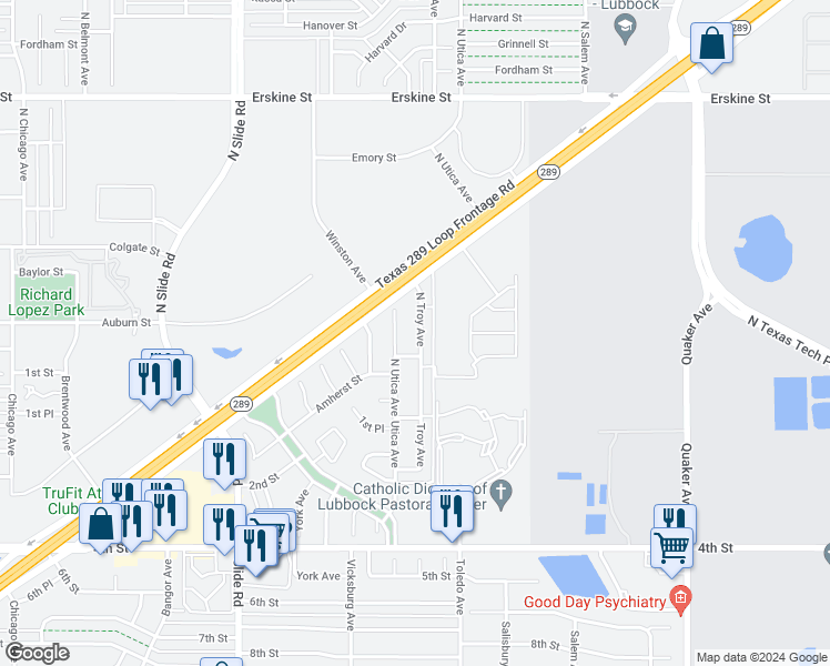 map of restaurants, bars, coffee shops, grocery stores, and more near 125 North Troy Avenue in Lubbock