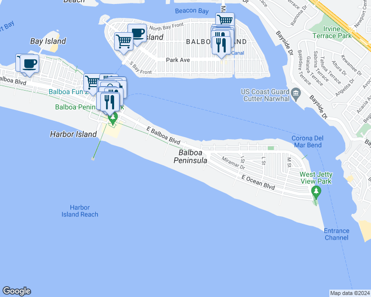 map of restaurants, bars, coffee shops, grocery stores, and more near 1303 East Balboa Boulevard in Newport Beach