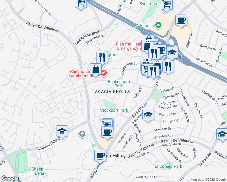 map of restaurants, bars, coffee shops, grocery stores, and more near 24972 Silverleaf Lane in Laguna Hills